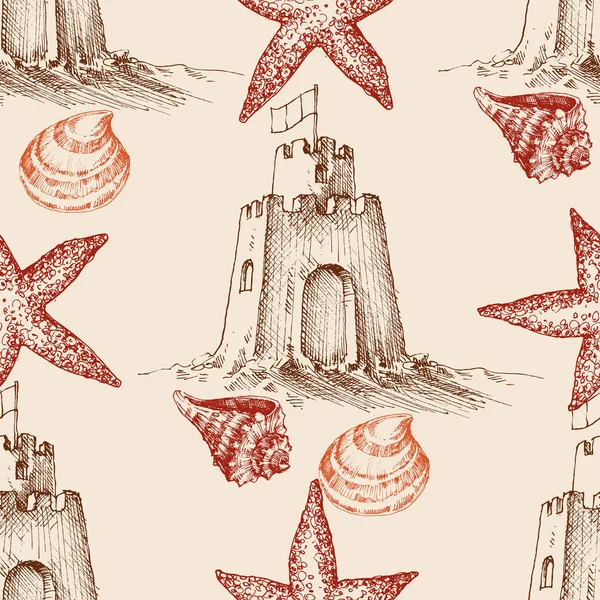 Été Plage Motif Sans Couture Château Sable Coquillages Étoiles Mer — Image vectorielle