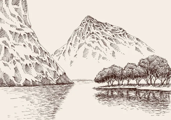 Горный Речной Пейзаж Векторная Иллюстрация Горных Хребтов Гладких Вод — стоковый вектор