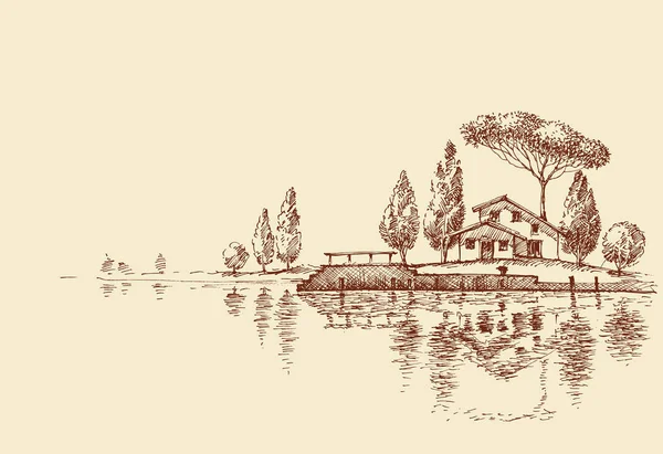 湖边的房子 简朴的建筑设计 素描墙纸 — 图库矢量图片