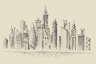 Gökdelenler panorama, şehir görüşü vektör el çizimi, şehir manzarası