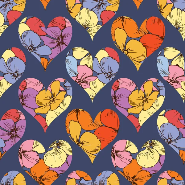 Corazones Florales Patrón Sin Costuras Sobre Fondo Oscuro — Vector de stock