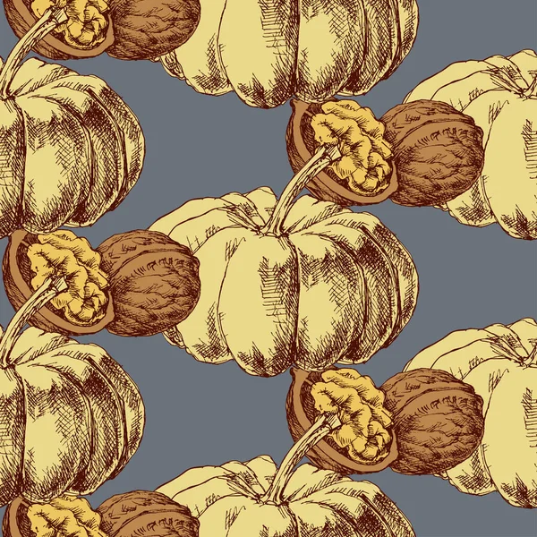 Осенний Урожай Бесшовный Узор Тыква Грецкие Орехи Фон — стоковый вектор
