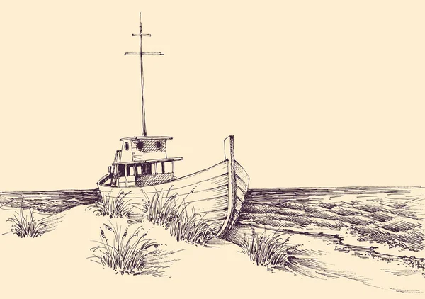 Рисунок Лодки Берегу Моря Пустой Пляж Идиллический Вид Море — стоковый вектор