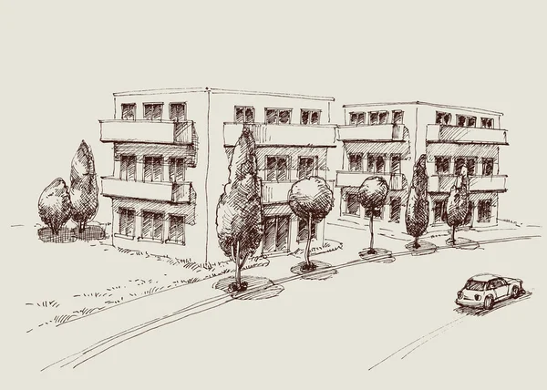 Эскиз Многоквартирных Домов Рисунок Городской Пейзаж — стоковый вектор