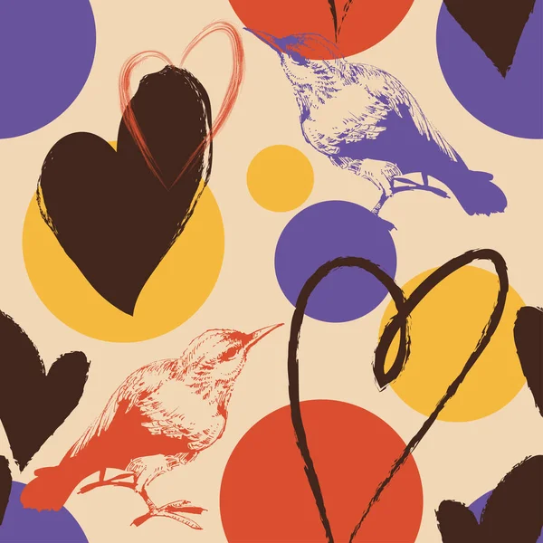Hjärtan Fåglar Och Abstrakta Färgfläckar Sömlöst Mönster — Stock vektor