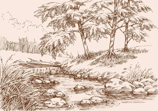 Cascada Río Paisaje Alpino Dibujo Mano — Archivo Imágenes Vectoriales