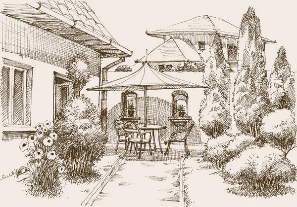露台家庭花园 休闲的地方 椅子和很多花 — 图库矢量图片