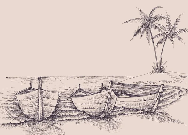 Пустые Лодки Берегу Моря Релаксация Природном Векторном Рисунке — стоковый вектор