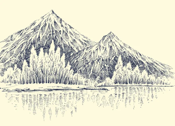 Dağlarda Göl Dağlarda Orman Manzarası Çizimi — Stok Vektör