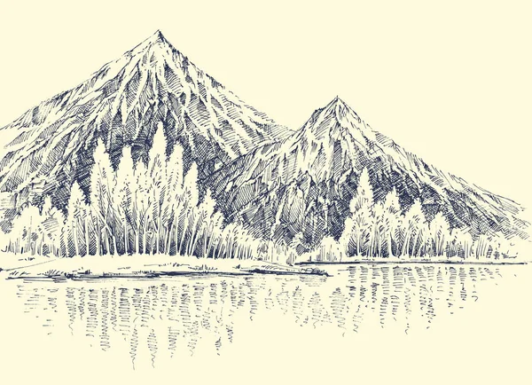 Lake in the mountains, alpine forest  landscape sketch