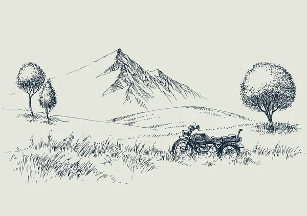 Montañas Amplio Paisaje Salvaje Dibujo Mano Motocicleta — Vector de stock