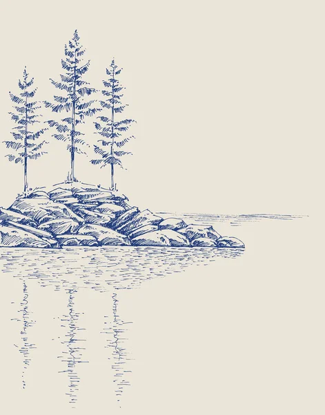 Kiefern Auf Einer Felsigen Landschaft Bäume Spiegelung Wasser Künstlerische Handzeichnung — Stockvektor