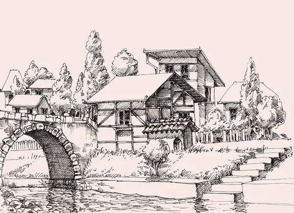 Casas Pueblo Canal Agua Dibujo Mano Arquitectura Urbana Genérica — Archivo Imágenes Vectoriales