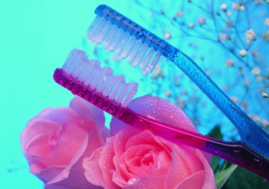 Arka planda güzel çiçekler ve diş fırçaları