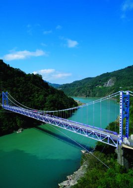 Modern şehrin uzak trafik köprüsü manzarası 