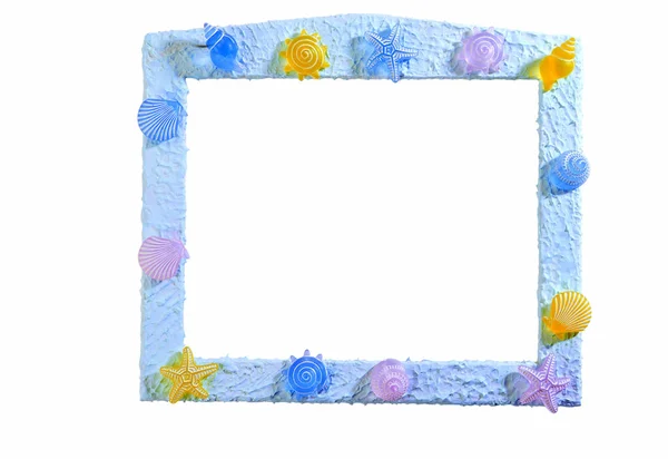 Moldura Foto Azul Vazio Com Conchas Estrelas Mar Fundo Branco — Fotografia de Stock