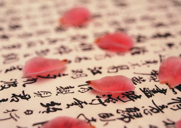 Primo Piano Colpo Foglio Carta Con Iscrizione Asiatica — Foto Stock