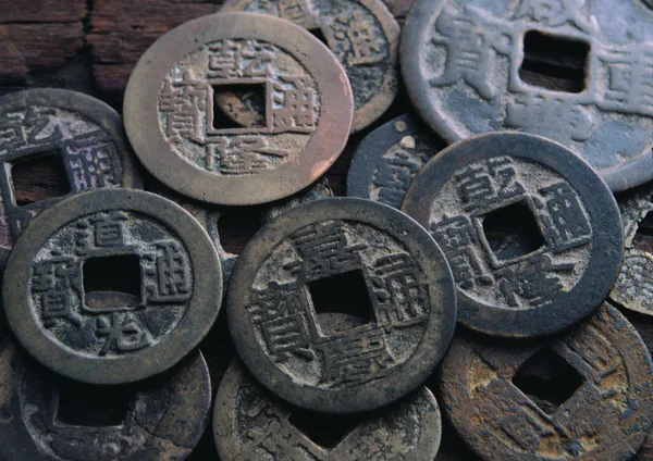 Primer Plano Pila Monedas Asiáticas Vintage —  Fotos de Stock