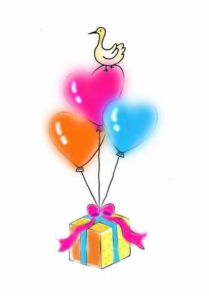 Balloons Colorful Gift Bird White Background — Stock Photo, Image