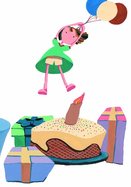 Illustration Einer Geburtstagstorte Mit Mädchen Und Luftballons — Stockfoto