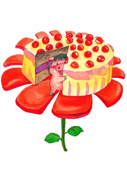 Akvarell Illusztráció Sertés Torta Háttérben — Stock Fotó