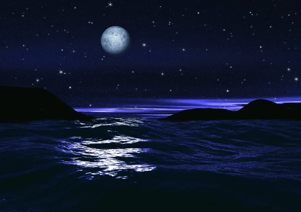 Повний Місяць Сходить Над Порожнім Океаном Вночі Копіювальним Простором — стокове фото