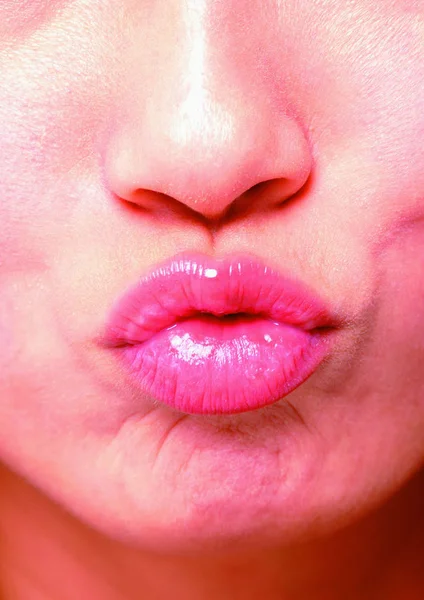 Close Beautiful Young Woman Pink Lipstick Her Lips — Stock Photo, Image