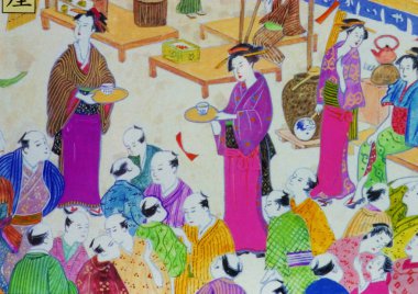 Güzel Japon geyşa kadınlar ve çay seremonisi sanat eserleri