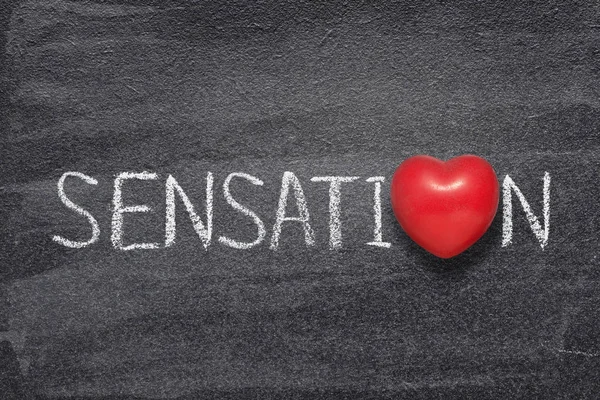 Sensation Word Handwritten Chalkboard Red Heart Symbol Instead — Stock Photo, Image