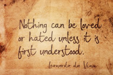 Nothing can be loved or hated unless it is first understood - ancient Italian artist Leonardo da Vinci quote printed on vintage grunge paper clipart