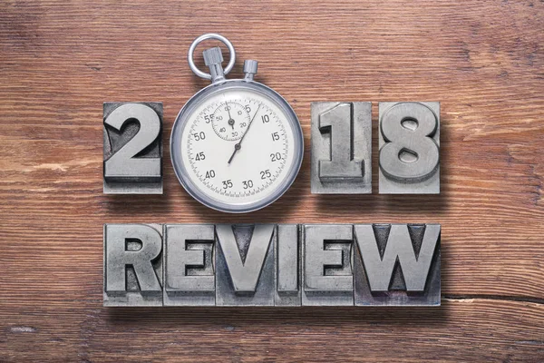2018 Review Phrase Combined Vintage Varnished Wooden Surface Stopwatch — Stock Photo, Image