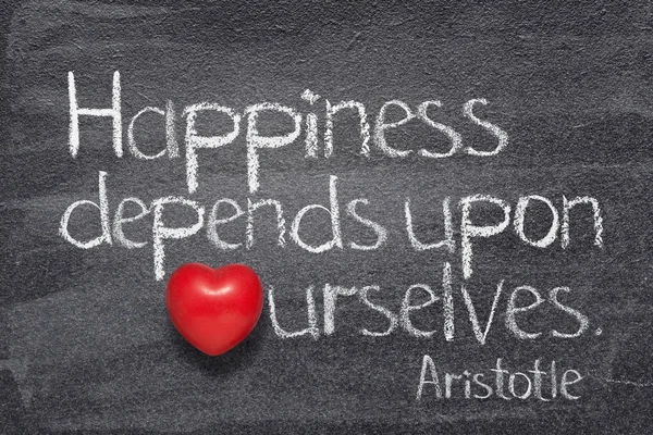 Happiness Depends Ourselves Ancient Greek Philosopher Aristotle Written Chalkboard Vintage — Stock Photo, Image