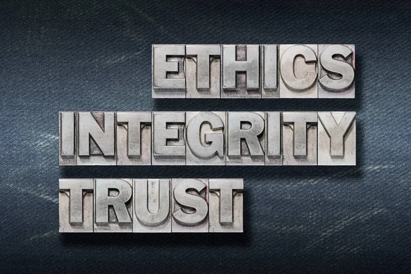 Ethics Integrity Trust Words Made Metallic Letterpress Dark Jeans Backgroun — Stock Photo, Image