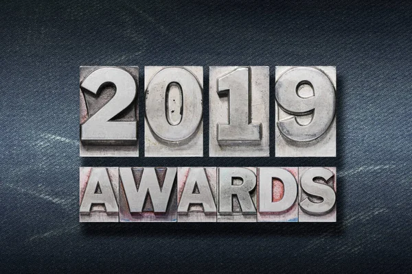 2019 Awards Phrase Made Metallic Letterpress Dark Jeans Background — Stock Photo, Image
