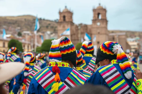 Many Performers Bright Traditional Costumes Main City Square Puno Peru — Stock Photo, Image
