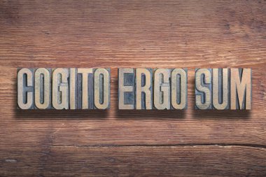 Cogito ergo sum antik Latince özgün matematikçi Rene Descartes 'in çevirisi - Sanırım bu yüzden varım, eski verniklenmiş ahşap yüzey üzerinde birleştirilmiş