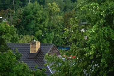 tuğla baca ağaçlarıyla çevrili evin çatı
