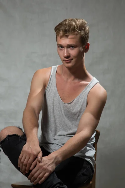 Shoot Young Caucasian Handsome Blonde Man Grey Background — Stock Photo, Image