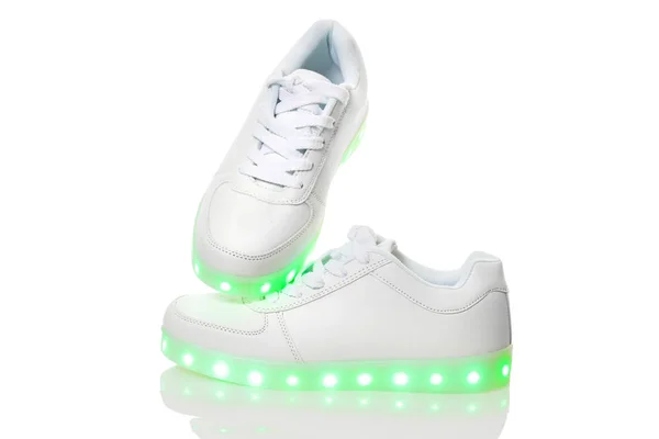 Zapatillas Blancas Con Suela Luz Led Aislado Sobre Fondo Blanco —  Fotos de Stock