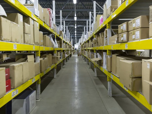 Warehouse Interior Shelves Pallets Boxes Equipment — Stock Photo, Image