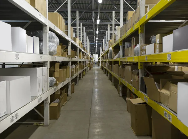 Warehouse Interior Shelves Pallets Boxes Equipment — Stock Photo, Image