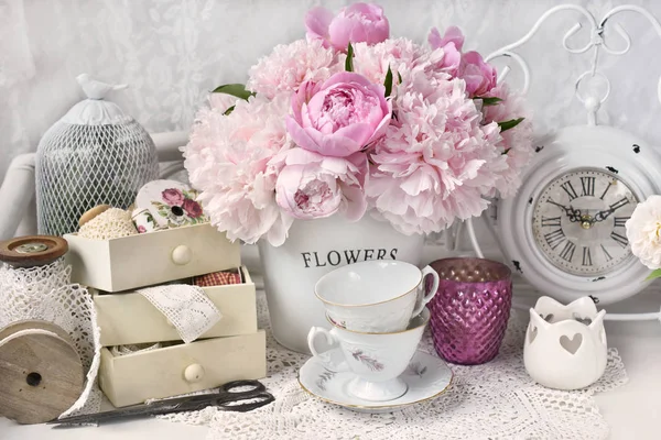 Bunch Pink Peony Flowers Metal Bucket Shabby Chic Style Interior — Stock Photo, Image