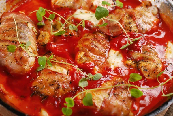 Grilled Chicken Breast Fillet Mozzarella Prosciutto Stewed Tomato Sauce Pan — Stock Photo, Image