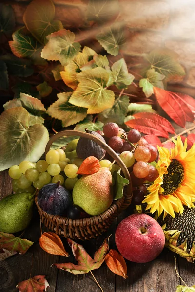 Wicker Basket Full Autumn Fruits Wooden Table Rustic Style Arrangement — Stock Photo, Image