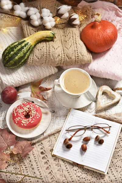 Autumn Flat Lay Coffee Donut Pumpkins Warm Sweaters — Stock Photo, Image