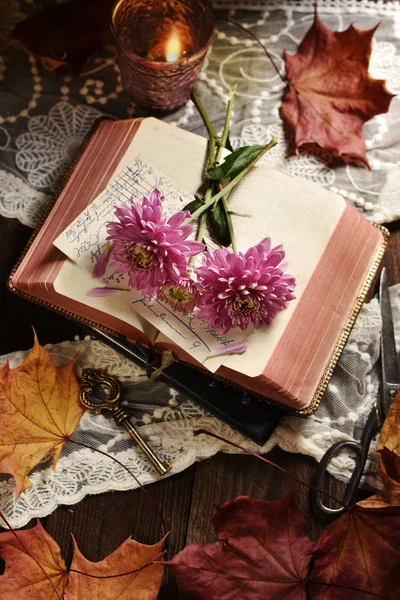 Herfst Stemming Vintage Stijl Stilleven Met Geopende Boek Chrysant Bloemen — Stockfoto