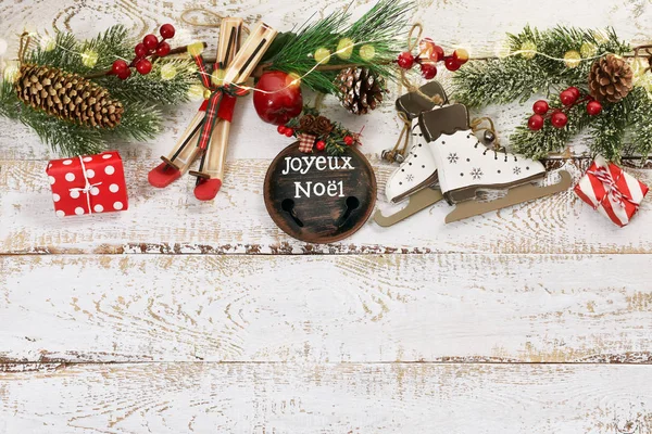 Christmas Flat Lay Background White Wooden Board Retro Style Decorations — Stock Photo, Image