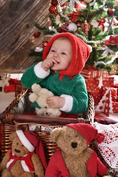 Little Boy Sitting Room Front Christmas Tree Enjoing His First — Stock Photo, Image