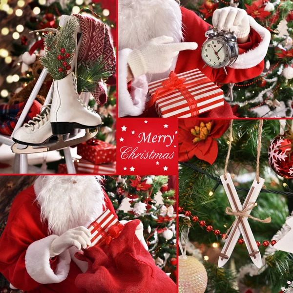 Kerst Collage Met Een Santa Claus Close Retro Stijl Decoratie — Stockfoto