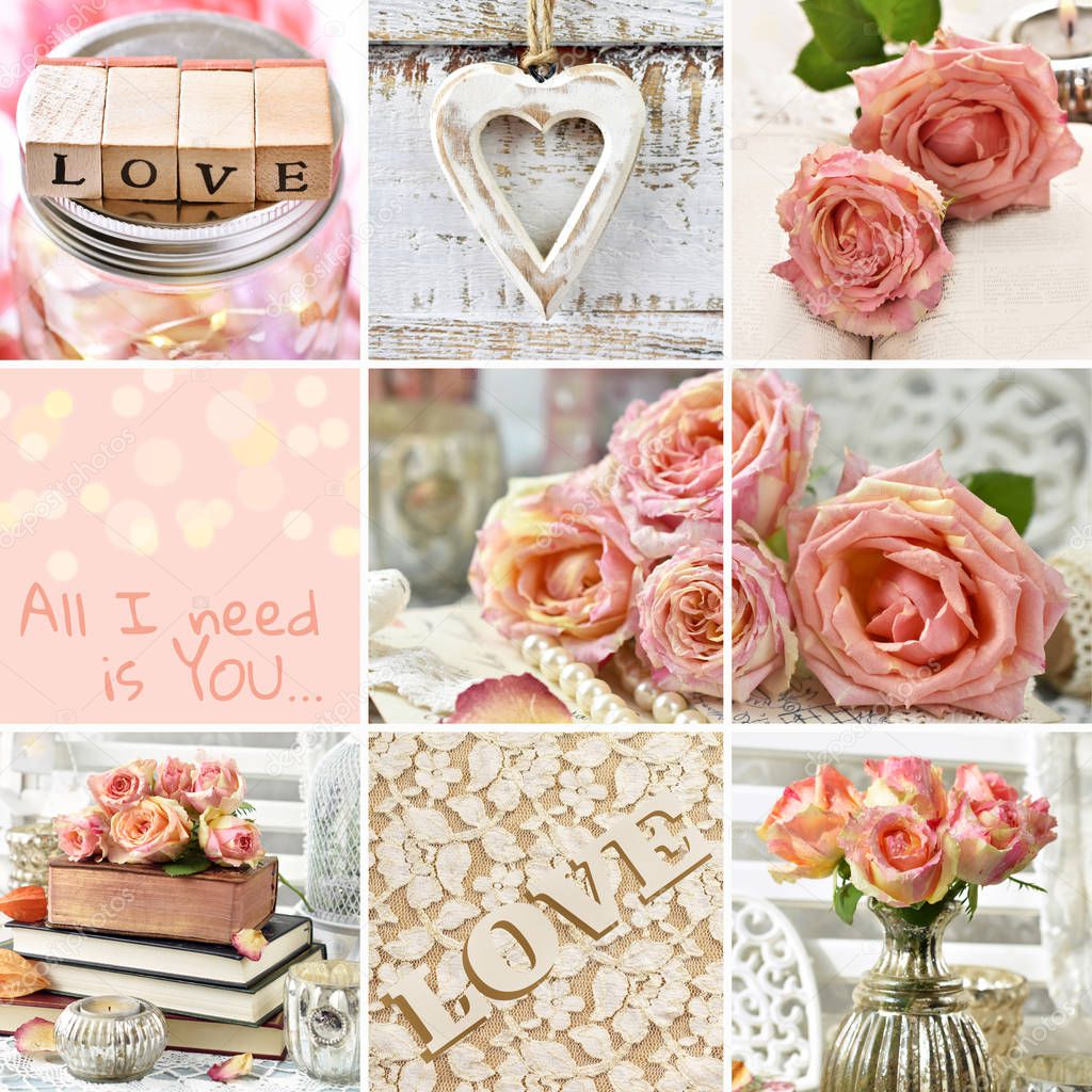 vintage style collage with roses and love symbols for Valentines or weddings